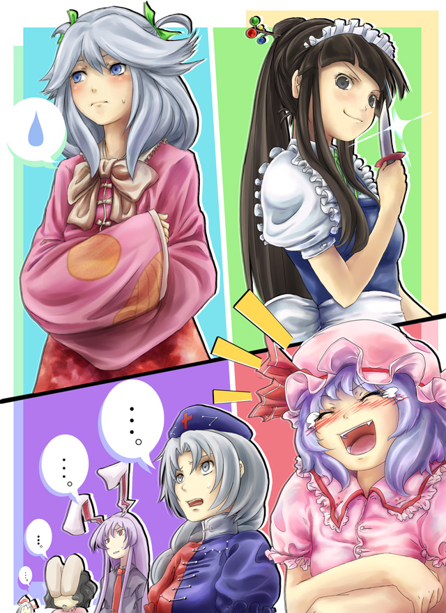 nijimu, fujiwara no mokou, houraisan kaguya, inaba tewi, izayoi sakuya, reisen udongein inaba, remilia scarlet, yagokoro eirin, touhou, silver hair, bad id, bad pixiv id, …, 6+girls, alternate costume, animal ears, black hair, blue eyes, blue hair, blush, braid, branch, closed eyes, cosplay, costume switch, enmaided, fang, female focus, grey eyes, hair ribbon, hairband, hat, houraisan kaguya (cosplay), izayoi sakuya (cosplay), jeweled branch of hourai, knife, laughing, long hair, maid, maid headdress, multiple girls, necktie, open mouth, purple hair, rabbit ears, red eyes, ribbon, short hair, smile, speech bubble, spoken ellipsis, spoken sweatdrop, sweat, sweatdrop, tears, throwing knife, triangle mouth, weapon