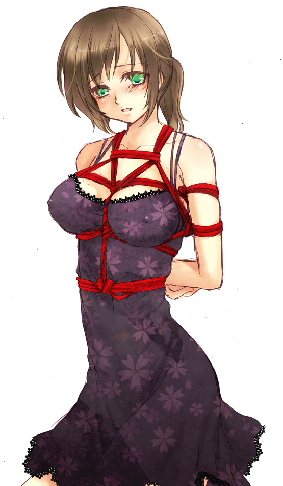 chi ki, hortensias, bad id, bad pixiv id, 1girl, bdsm, bondage, bound, breast bondage, breasts, brown hair, dress, female focus, green eyes, rope, solo, tears