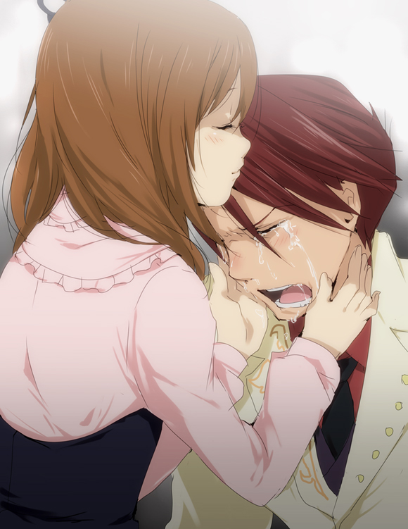 kl (dgzonbi), ushiromiya battler, ushiromiya maria, umineko no naku koro ni, 00s, 1boy, 1girl, closed eyes, cousins, open mouth, red hair, tears