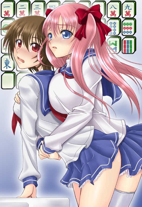 kurogane (blackxsilver), haramura nodoka, miyanaga saki, saki (manga), 00s, 2girls, blue eyes, blush, board game, bow, breast press, breasts, brown hair, grabbing another's breast, groping, hair bow, hug, large breasts, long hair, mahjong, multiple girls, pink hair, red eyes, school uniform, serafuku, short hair, skirt, thighhighs, thighs, twintails, white thighhighs, yuri, zettai ryouiki