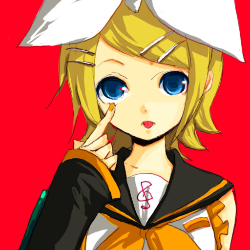 nntn, kagamine rin, vocaloid, bad id, bad pixiv id, blonde hair, blue eyes, hair ornament, hair ribbon, hairclip, ribbon, short hair, solo, tongue