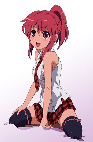 misashi (raichi821), kushieda minori, toradora!, bad id, bad pixiv id, 00s, 1girl, :d, alternate costume, alternate hairstyle, bare shoulders, blush, female focus, kneeling, necktie, official style, open mouth, plaid clothes, plaid skirt, ponytail, purple eyes, red eyes, red hair, shirt, skirt, sleeveless, sleeveless shirt, smile, solo, thighhighs, zettai ryouiki