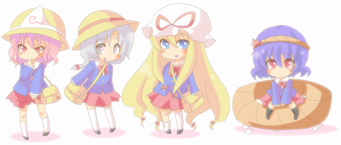 sen1986, saigyouji yuyuko, yagokoro eirin, yakumo yukari, yakumo yukari (young), yasaka kanako, touhou, silver hair, 4girls, aged down, alternate costume, bag, blonde hair, blue eyes, blush, bow, braid, child, female focus, grey eyes, hair bow, hairband, hat, kindergarten, kindergarten uniform, long hair, looking at viewer, miniskirt, mob cap, multiple girls, pink hair, purple hair, red eyes, rope, school bag, school hat, school uniform, shimenawa, short hair, simple background, skirt, socks, thighhighs, triangular headpiece, very long hair, white background, zettai ryouiki