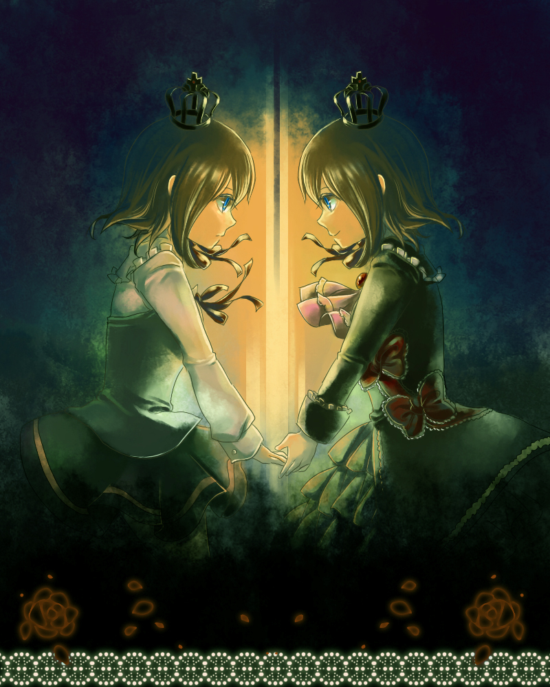 kuriko (scarlet sky), maria (umineko), ushiromiya maria, umineko no naku koro ni, 00s, 2girls, blue eyes, bow, brown hair, crown, dress, dual persona, flower, frills, holding hands, multiple girls, petals, profile, ribbon, rose, short hair, skirt, smile