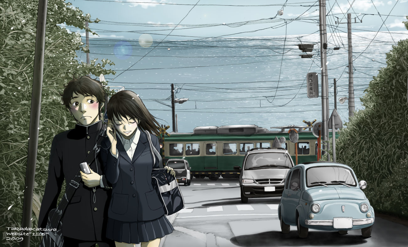 takada katsura, chrysler, fiat, original, 1boy, 1girl, artist name, black hair, blazer, blush, car, cellphone, chrysler voyager, couple, digital media player, fiat 500, gakuran, hetero, ipod, jacket, long hair, motor vehicle, multiple unit train, ocean, outdoors, phone, pleated skirt, real world location, school uniform, skirt, train, van, winter