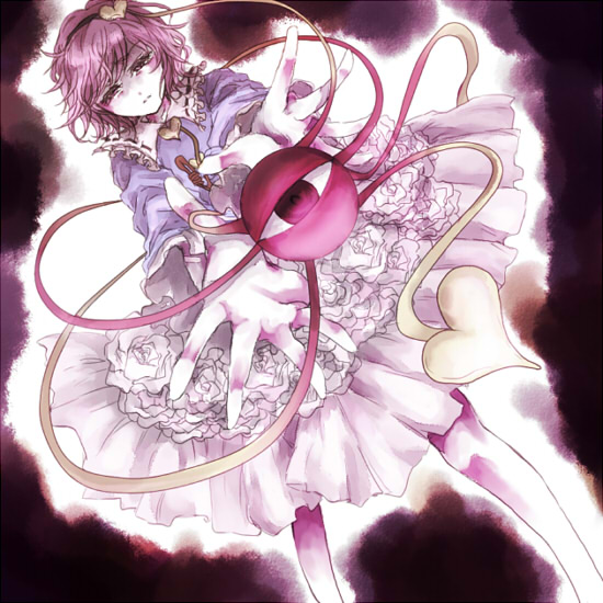 monokuro mo, komeiji satori, touhou, 1girl, female focus, hairband, heart, purple hair, short hair, solo