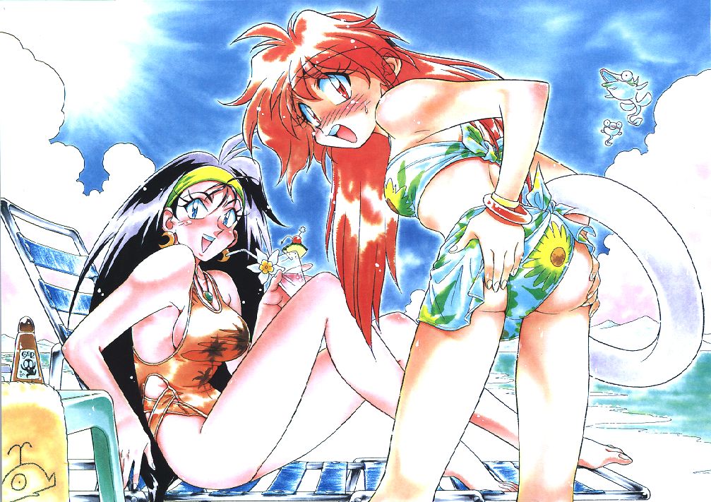 araizumi rui, lina inverse, naga the serpent, slayers, jpeg artifacts, non-web source, official art, 1990s (style), 2girls, ass, barefoot, beach, bikini, blush, breasts, day, innertube, multiple girls, retro artstyle, sideboob, swim ring, swimsuit