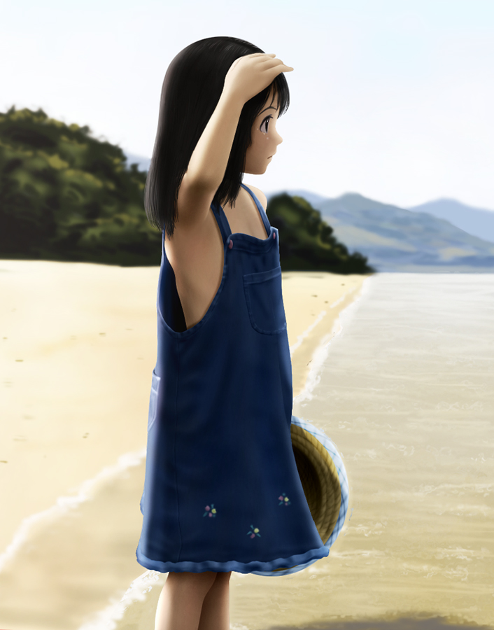 siraha, original, bad id, bad pixiv id, 1girl, armpits, beach, black hair, child, day, dress, female focus, hat, overalls, pinafore dress, sleeveless, sleeveless dress, solo, sun hat