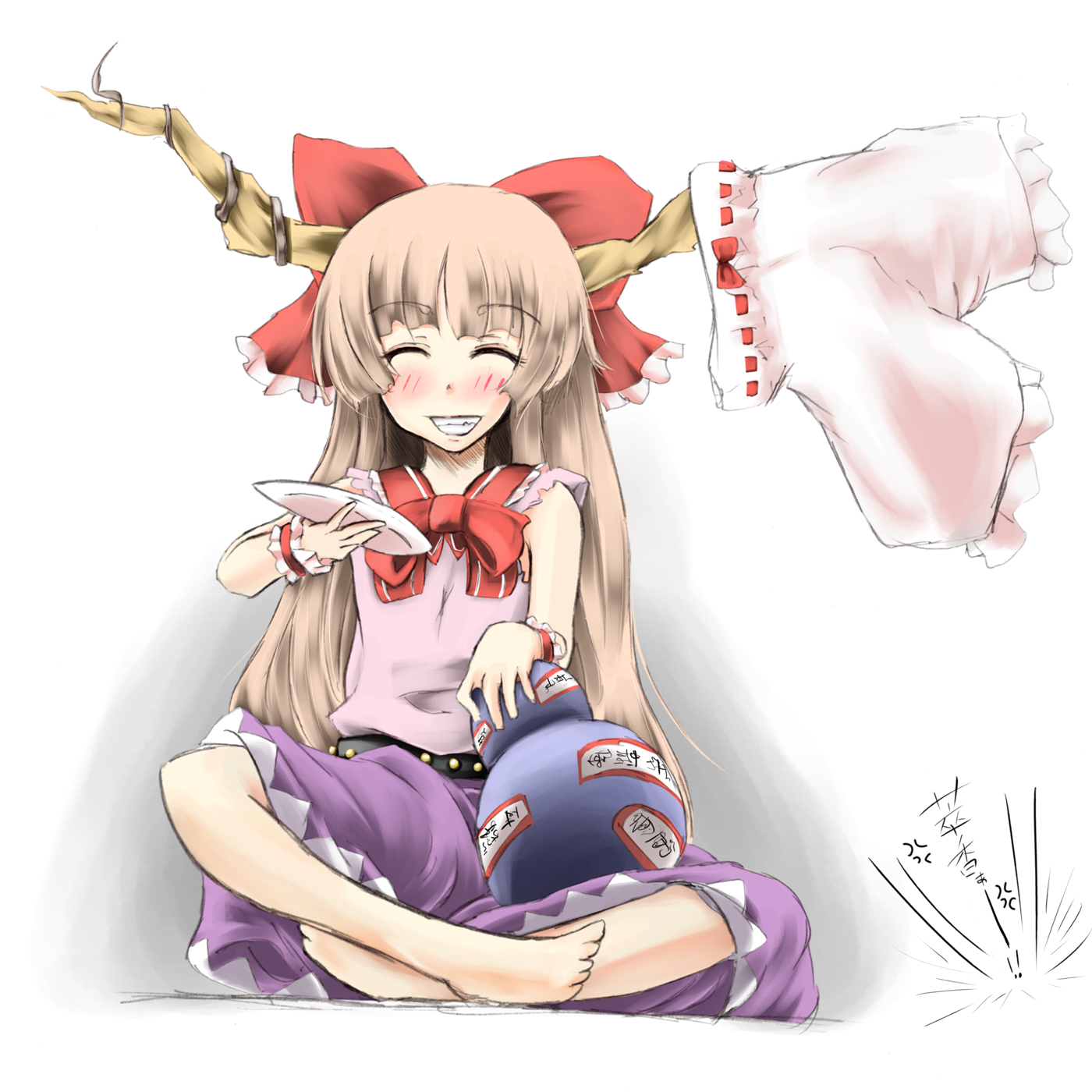 r0g0b0, ibuki suika, touhou, bad id, bad pixiv id, highres, 1girl, barefoot, bloomers, brown hair, closed eyes, female focus, full body, gradient background, grin, hair ribbon, horns, long hair, ribbon, sitting, smile, solo, underwear, white background