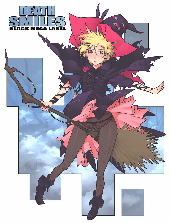 g-room honten, sakura (deathsmiles), cave (developer), deathsmiles, 1girl, blonde hair, blue eyes, bow, bow panties, female focus, hat, legs, panties, panties under pantyhose, pantyhose, pink panties, solo, torn clothes, underwear, webbed pantyhose, wind, wind lift, witch, witch hat