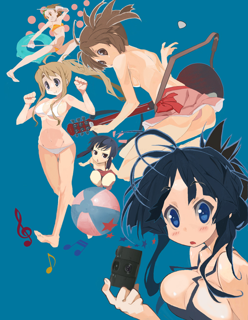 yuuki (irodo rhythm), akiyama mio, hirasawa yui, kotobuki tsumugi, nakano azusa, tainaka ritsu, k-on!, 00s, 5girls, barefoot, bikini, black eyes, black hair, blonde hair, blue eyes, breasts, brown eyes, brown hair, camera, cleavage, electric guitar, feet, gibson les paul, guitar, ho-kago tea time, instrument, kicking, large breasts, legs, long hair, medium breasts, multiple girls, short hair, swimsuit, topless female
