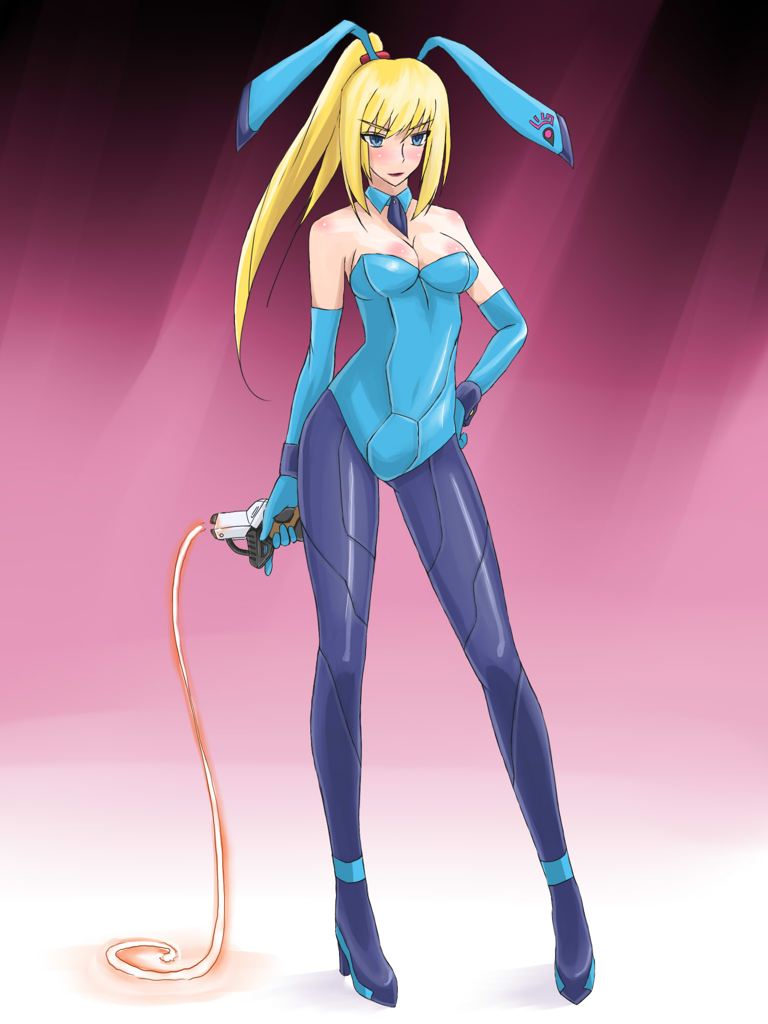 kesanagi, samus aran, metroid, nintendo, highres, 1girl, animal ears, bare shoulders, blonde hair, blue eyes, bodysuit, breasts, cleavage, elbow gloves, fake animal ears, female focus, gloves, hand on own hip, high heels, hip focus, legs, pantyhose, playboy bunny, ponytail, rabbit ears, shoes, skin tight, solo, whip, zero suit