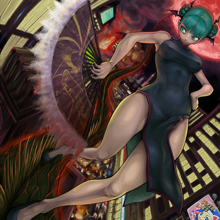 kari (artist), felicia (darkstalkers), huitzil (darkstalkers), morrigan aensland, capcom, darkstalkers, 1girl, animal ears, bat wings, billboard, blue eyes, blue hair, breasts, cameo, car, cat ears, china dress, chinese clothes, covered erect nipples, double bun, dress, dutch angle, female focus, folding fan, full moon, green eyes, green hair, hair bun, hand fan, hand on own hip, head wings, hip focus, holding, holding fan, large breasts, leaning back, matching hair/eyes, moon, motor vehicle, night, red eyes, red moon, shirt, solo, taut clothes, taut shirt, v, wings