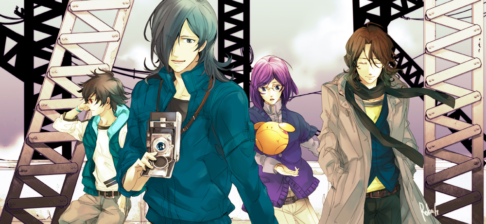 himuka roko, roko (artist), allelujah haptism, haro, lockon stratos, neil dylandy, setsuna f. seiei, tieria erde, gundam, gundam 00, 00s, 4boys, bellows camera, brown hair, camera, cardigan, casual, closed eyes, fashion, glasses, hands in pockets, innovators (gundam 00), jacket, male focus, multiple boys, purple eyes, purple hair, raincoat, red eyes, scarf, shirt, short hair, smile