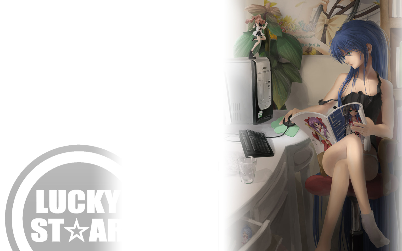 izumi konata, lucky star, highres, 00s, blue hair, camisole, computer, computer keyboard, figure, magazine (object), realistic, solo