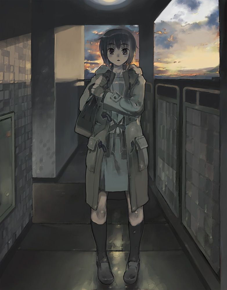 nagato yuki, suzumiya haruhi no yuuutsu, silver hair, 00s, 1girl, bag, brown eyes, cloud, coat, female focus, school uniform, serafuku, short hair, sky, solo, sunset, toggles