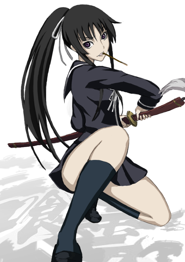 under-siege, uragiri onigiri, isayama yomi, ga-rei, ga-rei zero, 00s, 1girl, black hair, female focus, fighting stance, food, hime cut, katana, kneehighs, long hair, pocky, ponytail, purple eyes, ready to draw, school uniform, serafuku, sheath, sheathed, shoes, skirt, socks, solo, sword, weapon