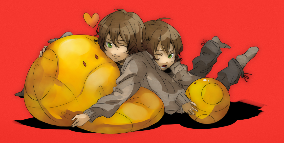 himuka roko, roko (artist), haro, lockon stratos, lyle dylandy, neil dylandy, gundam, gundam 00, bad id, bad pixiv id, 00s, 2boys, aged down, brothers, brown hair, green eyes, heart, jacket, lying, male focus, multiple boys, one eye closed, short hair, siblings, smile, twins, wink