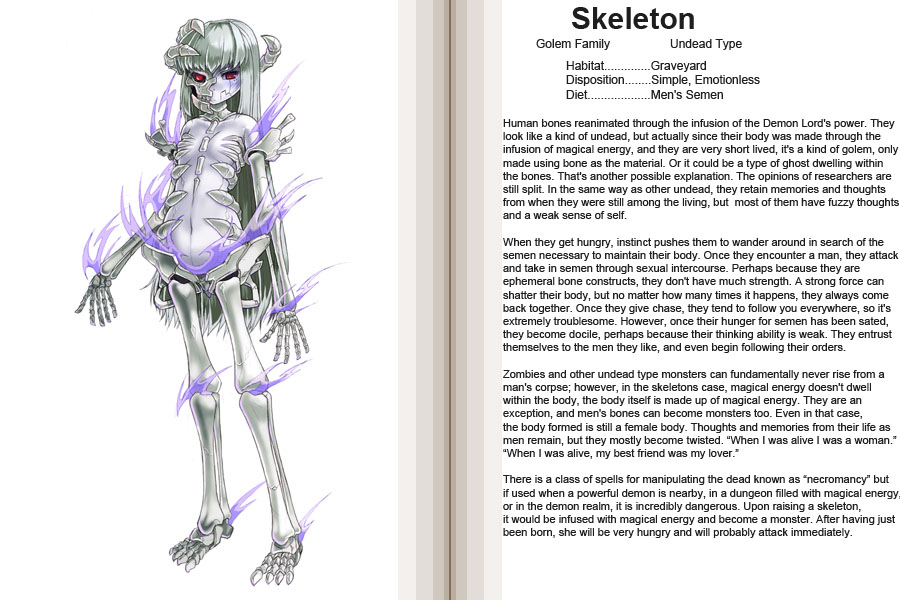 kenkou cross, skeleton (monster girl encyclopedia), monster girl encyclopedia, hard-translated, official art, third-party edit, translated, 1girl, bone, breasts, character profile, colored skin, english text, flat chest, long hair, monster girl, red eyes, skeleton, small breasts, undead, white hair, white skin