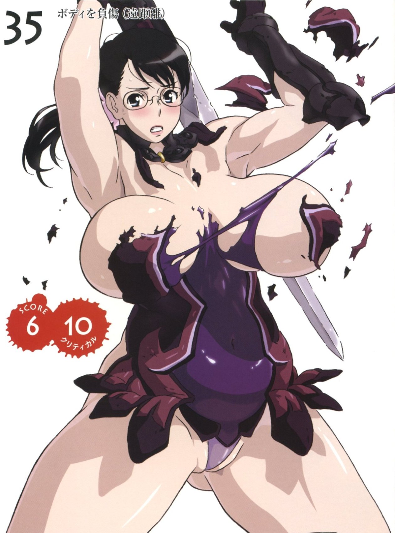 kaneko hiraku, cattleya (queen's blade), weapon merchant cattleya, queen's blade, highres, official art, 00s, 1girl, armpits, breasts, breasts apart, cleft of venus, clenched teeth, cowboy shot, exploding clothes, female focus, gamebook, glasses, huge breasts, leotard, looking at viewer, mature female, no bra, panties, partially visible vulva, plump, ponytail, sideboob, simple background, solo, standing, sword, teeth, torn clothes, underboob, underwear, weapon, wedgie, white background