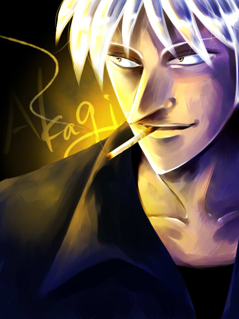 akagi shigeru, akagi, akagi: yami ni oritatta tensai, fukumoto mahjong, silver hair, 1boy, cigarette, male focus, portrait, smoking, solo