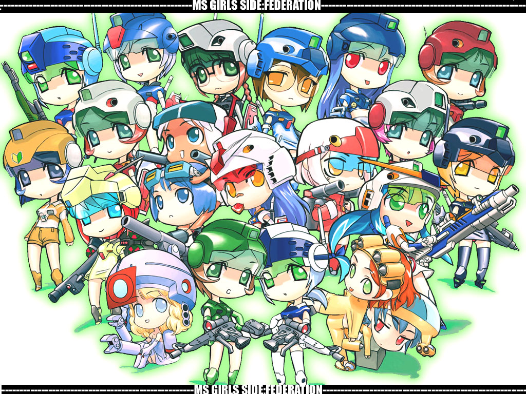 hirai yukio, ball (gundam), blue destiny 01, gm (mobile suit), gm cannon, gm cold districts type, gm command, gm quel, gm sniper, gm sniper ii, gm trainer, guncannon, gundam g04, guntank, medea (gundam), rx-78-2 gundam, stark jegan, strike dagger, gundam, gundam 0080, gundam 0083, gundam 08th ms team, gundam msv, gundam seed, gundam side story: from place beyond the blaze, gundam side story: rise from the ashes, gundam side story: the blue destiny, mobile suit gundam, machine pistol, 1980s (style), annotation request, character request, 00s, 6+girls, beam rifle, bullpup, cannon, energy gun, gun, hwf gmg-mg79-90mm bullpup machine gun, in-franchise crossover, mecha musume, multiple girls, oldschool, retro artstyle, rifle, shield, sniper rifle, suppressor, weapon