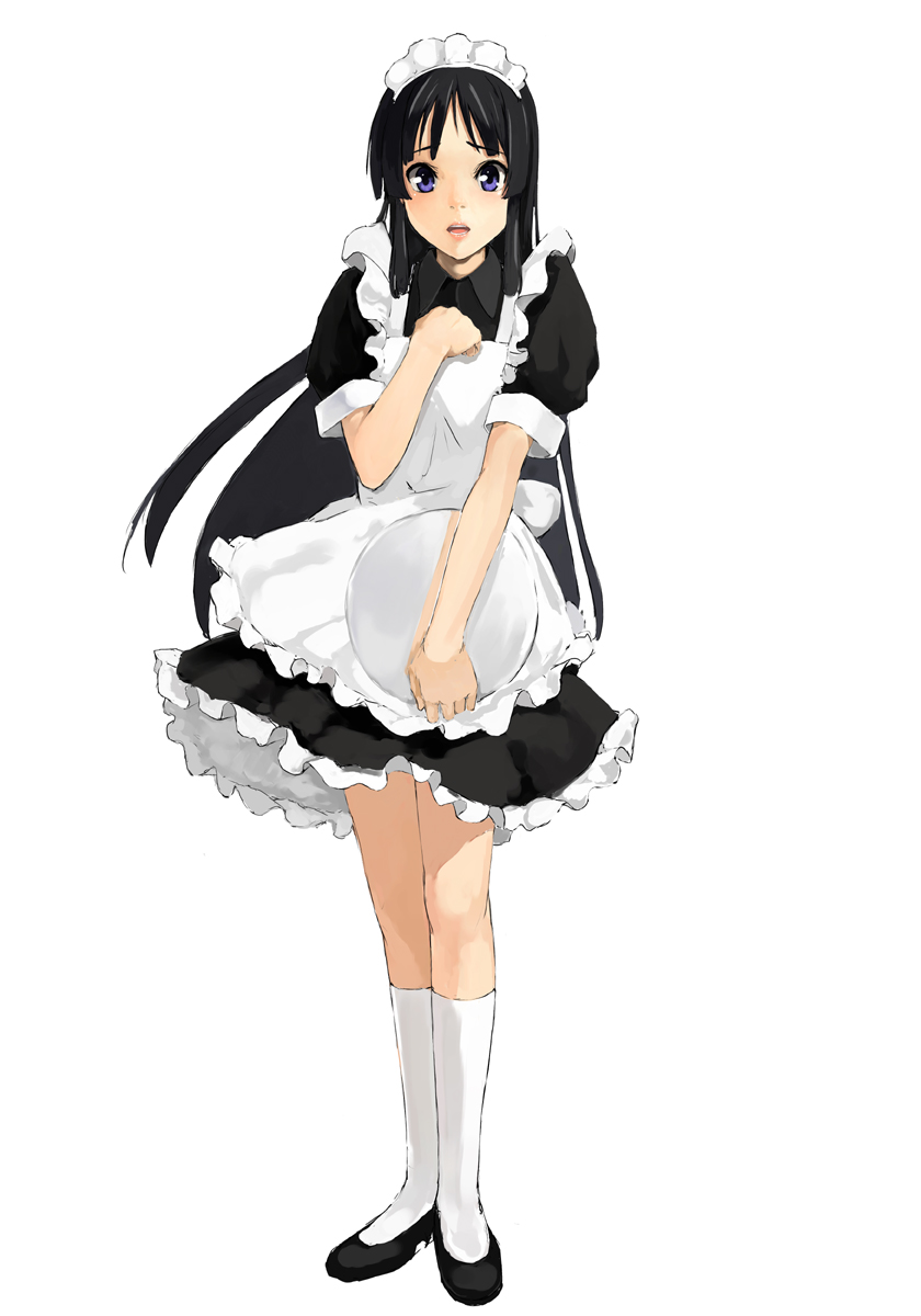 kuroko (piii), akiyama mio, k-on!, highres, 00s, 1girl, alternate costume, black hair, blue eyes, enmaided, female focus, full body, long hair, maid, simple background, solo, tray, waitress, white background