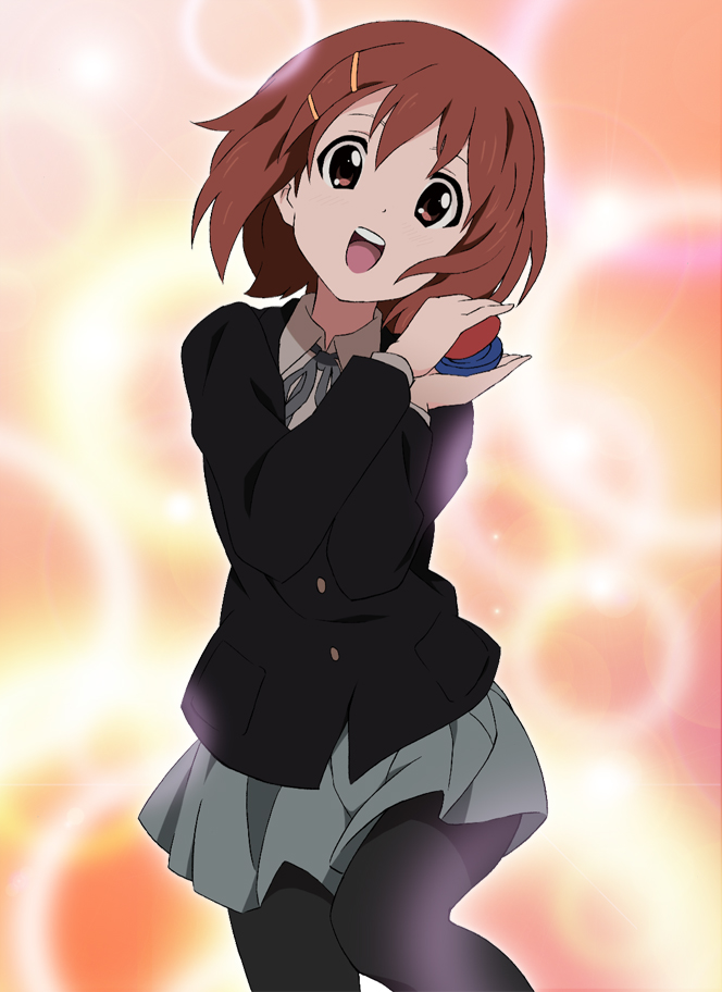 misashi (raichi821), hirasawa yui, k-on!, bad id, bad pixiv id, 00s, 1girl, blazer, brown eyes, brown hair, castanets, female focus, instrument, jacket, pantyhose, school uniform, short hair, solo, un tan