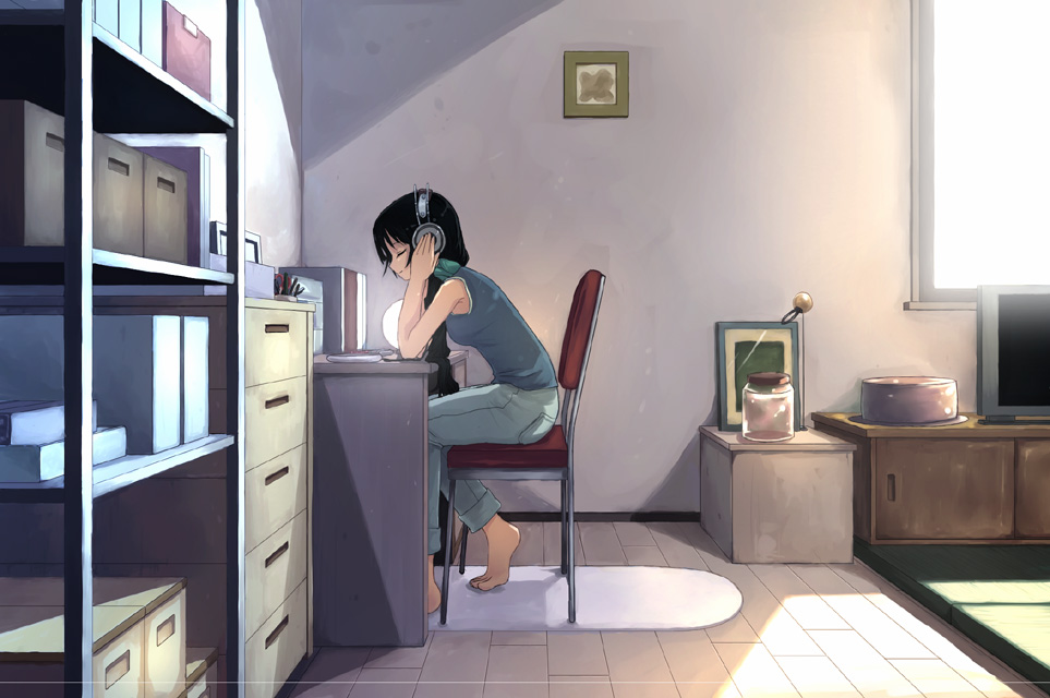 yakka, akiyama mio, akg, k-on!, 00s, 1girl, akg k-series headphones, barefoot, black hair, casual, chair, closed eyes, desk, female focus, hands on headphones, headphones, long hair, profile, room, sitting, solo, wooden floor