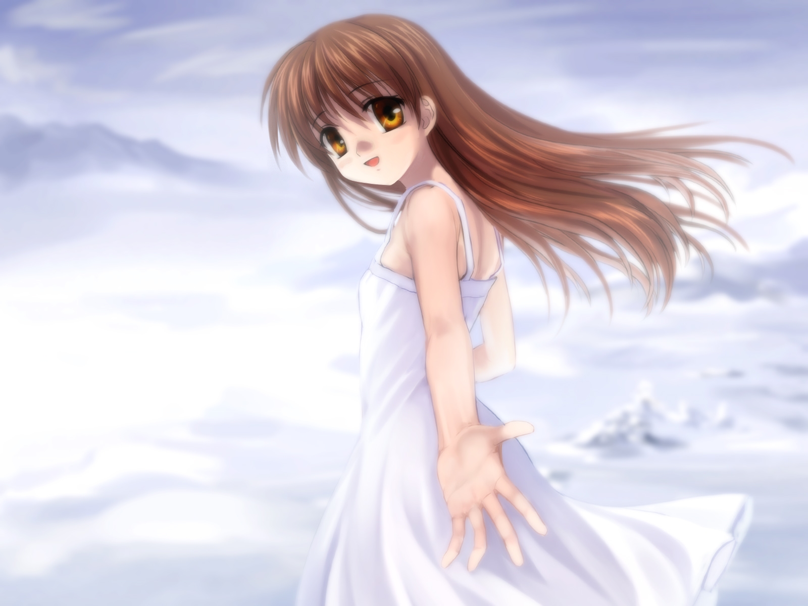 mutsuki (moonknives), girl from the illusionary world, clannad, key (company), highres, 00s, brown eyes, brown hair, dress, long hair, looking back, solo, sundress