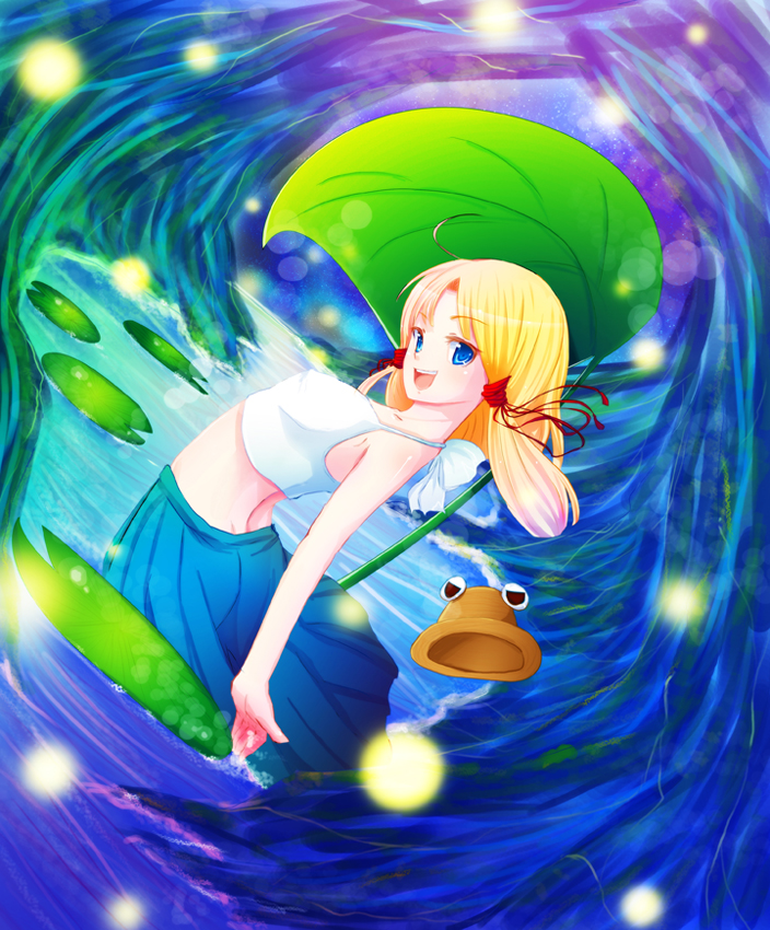 dorogumi, moriya suwako, touhou, 1girl, blonde hair, blue eyes, female focus, hair ribbon, hat, lily pad, long hair, midriff, nature, outdoors, ribbon, solo, water