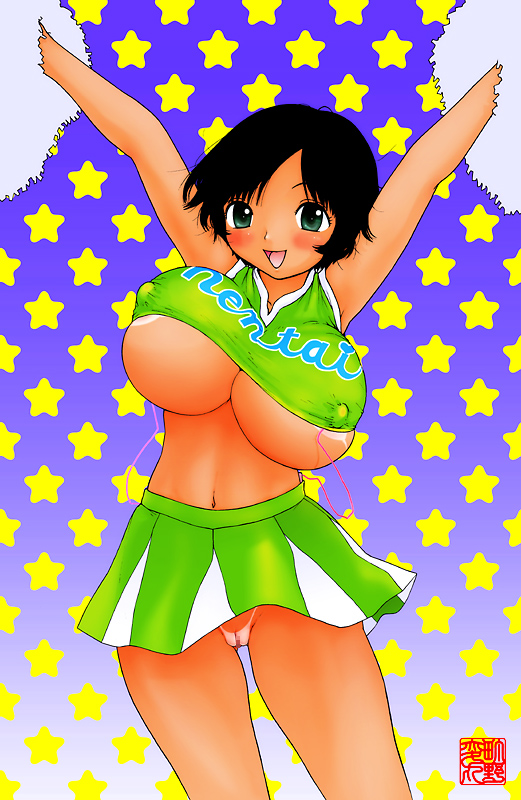 machino henmaru, 1girl, armpits, arms up, bare shoulders, bikini tan, black hair, blush, breasts, censored, cheerleader, cleavage, cleft of venus, cowboy shot, female focus, gainaxing, gradient background, green eyes, green shirt, green skirt, happy, huge breasts, large breasts, looking at viewer, midriff, miniskirt, mosaic censoring, navel, nipple stimulation, no bra, no panties, pleated skirt, pointless censoring, pom pom (cheerleading), pussy, remote control vibrator, sex toy, shirt, short hair, skirt, sleeveless, sleeveless shirt, smile, solo, standing, star (symbol), star symbol background, tan, tanline, underboob, vibrator, vibrator cord, vibrator on nipple