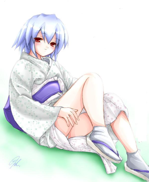 kotonomiya yuki, suigetsu, blue hair, japanese clothes, red eyes, short hair, solo, tabi