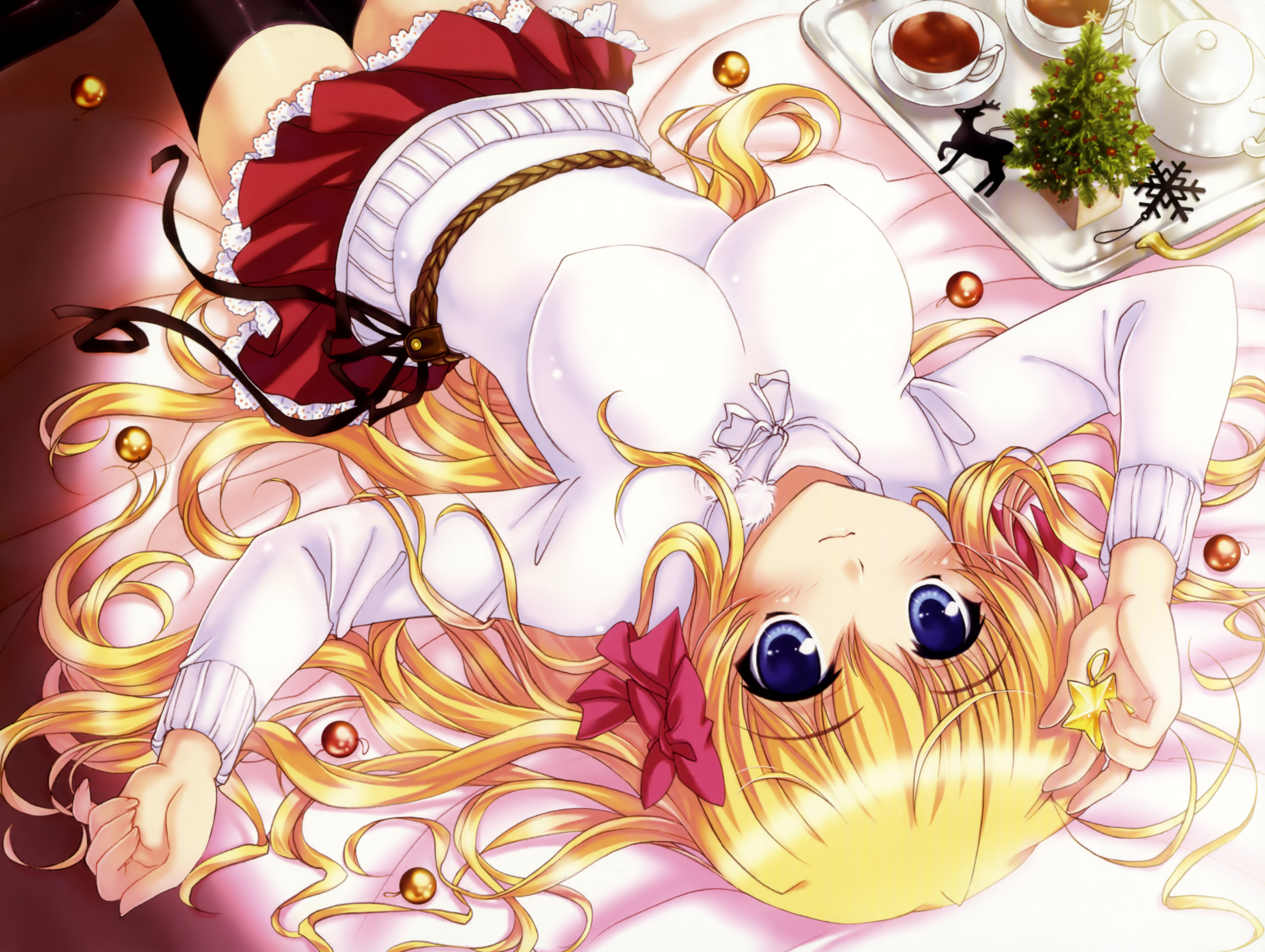bekkankou, yano takumi, sendou erika, fortune arterial, absurdres, highres, 1girl, bed, black thighhighs, blonde hair, blue eyes, blush, breasts, christmas, covered erect nipples, cup, female focus, hair ribbon, impossible clothes, impossible shirt, impossible sweater, long hair, looking at viewer, lying, on back, ribbon, shirt, skirt, solo, star (symbol), sweater, thighhighs, very long hair, wavy mouth, zettai ryouiki