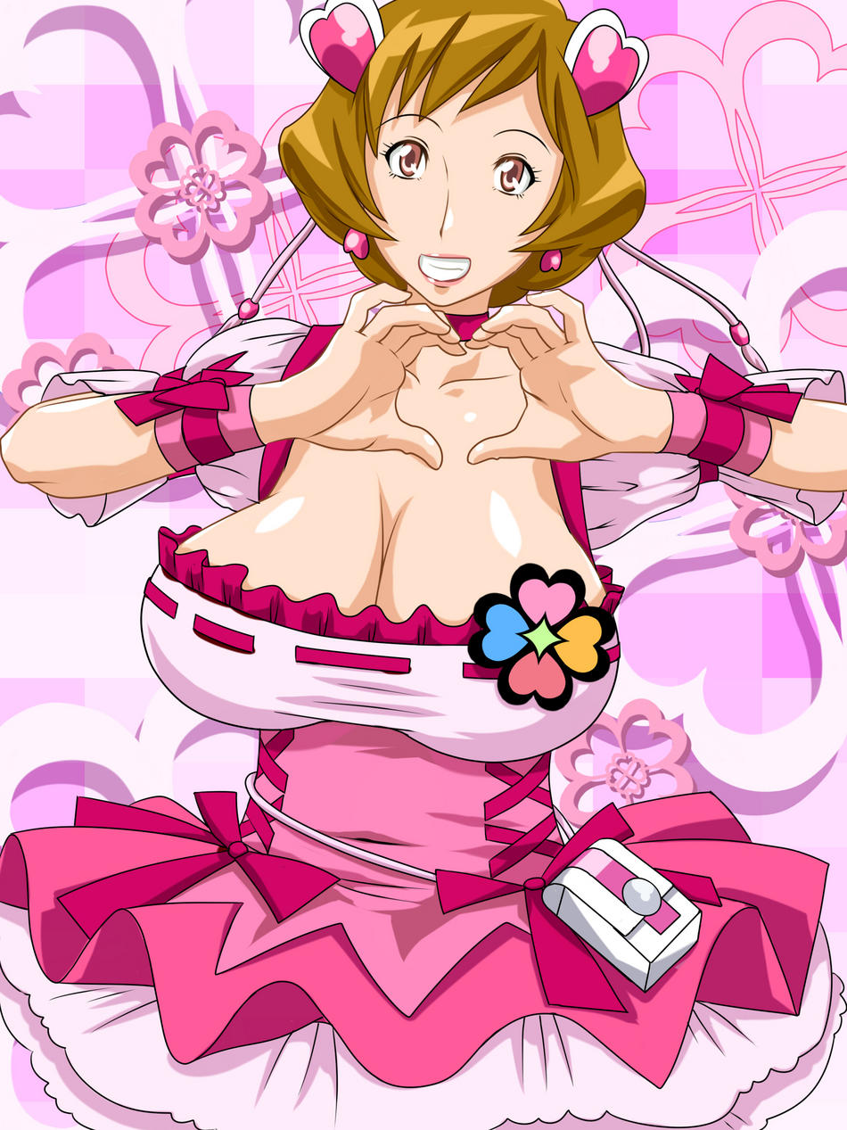 cure peach, momozono ayumi, fresh precure!, precure, highres, breasts, cleavage, heart, heart hands, mature female, smile