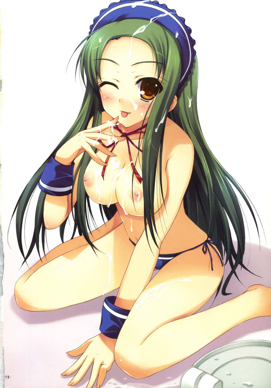 tomose shunsaku, tsuruya, suzumiya haruhi no yuuutsu, topless, highres, breasts, brown eyes, cum, cum on body, cum on breasts, cum on hair, cum on upper body, fang, green hair, kneeling, long hair, maid, panties, side-tie panties, tongue, underwear, very long hair, waitress, wink