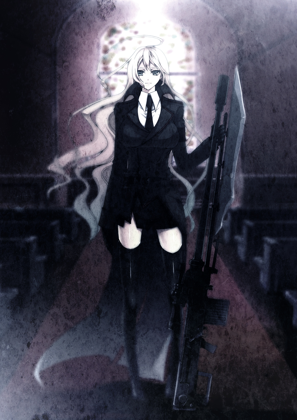 nicole pmonachi, pixiv army, bad id, highres, 1girl, bayonet, boots, female focus, grey eyes, gun, long hair, necktie, solo, thigh boots, thighhighs, very long hair, weapon, white hair