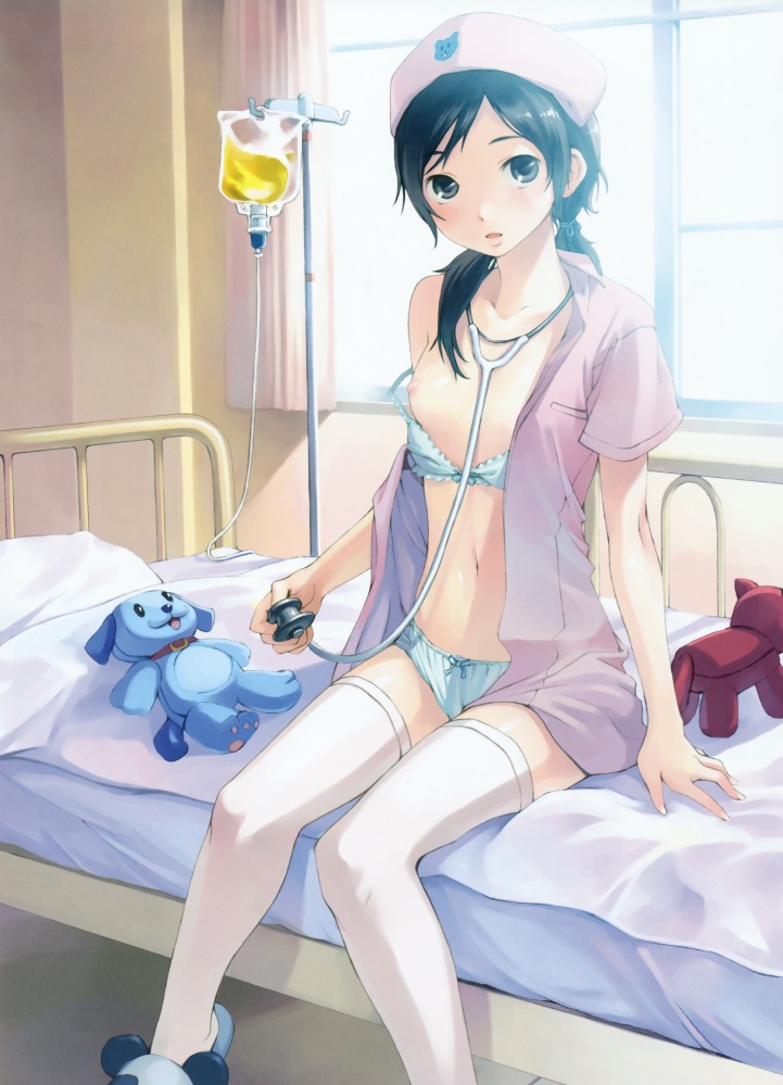 white legwear, bed, black hair, bra, bra pull, breasts, clothes pull, flat chest, grey eyes, hospital, lingerie, loli, nipple slip, nipples, nurse, panties, shirt pull, slippers, stethoscope, sunlight, thighhighs, twintails, underwear, white panties, zettai ryouiki