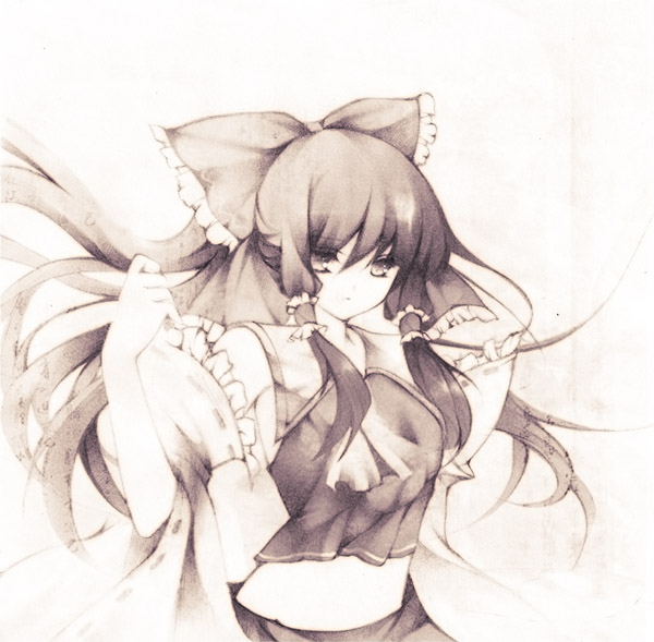 babu523, luvhyde, hakurei reimu, touhou, bad id, bad pixiv id, 1girl, ascot, female focus, looking at viewer, midriff, monochrome, navel, short hair, simple background, skirt, solo, stomach, white background