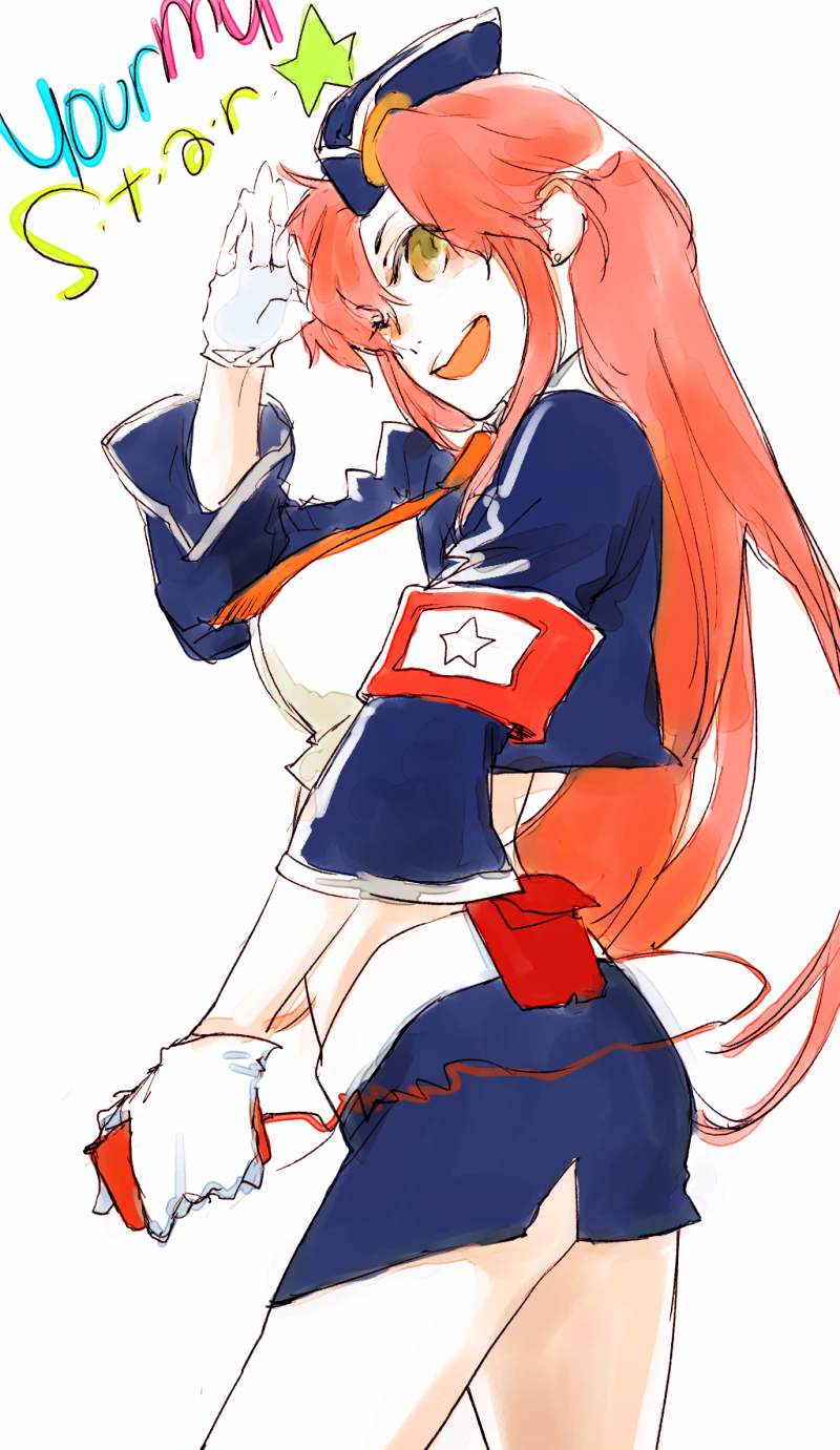 moyashi (narukami), yoko littner, pieces of sweet stars, tengen toppa gurren lagann, highres, 00s, 1girl, armband, cropped jacket, english text, engrish text, female focus, garrison cap, gloves, hat, long hair, miniskirt, one eye closed, ranguage, red hair, salute, skirt, solo, star (symbol), wink