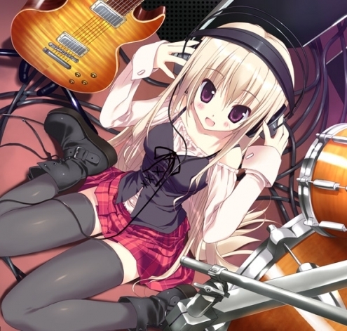 lowres, blonde hair, drum, guitar, headphones, instrument, kneeling, long hair, purple eyes, thighhighs, zettai ryouiki