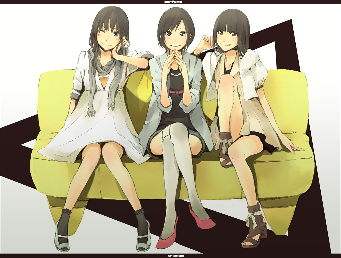 yoshito, a~chan, kashiyuka, nocchi (perfume), perfume (band), toeless footwear, bad id, bad pixiv id, 00s, 2009, 3girls, :p, :q, belt, blush, bow, buckle, casual, couch, crossed legs, curly hair, dress, fringe trim, hairband, high heels, hood, hoodie, jacket, long hair, multiple girls, nose, one eye closed, pocket, polka dot, ribbon, sandals, scarf, shoes, short hair, shorts, sitting, sleeves rolled up, smile, socks, text focus, thighhighs, tongue, tongue out, triangle, twirling hair, white thighhighs, wink