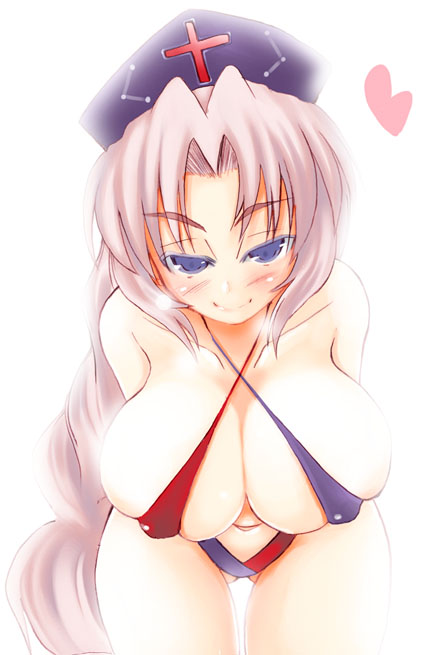 mabuchoco m, yagokoro eirin, touhou, 1girl, bent over, blue eyes, blush, braid, breasts, colored eyelashes, criss-cross halter, female focus, halterneck, hat, heart, huge breasts, leaning forward, long hair, naughty face, pretzel bikini, slingshot swimsuit, smile, solo, swimsuit, thigh gap, white background, wrestling outfit