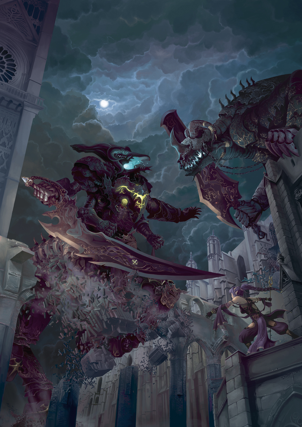 hiraoka masamune, pixiv, pixiv festa, highres, 1girl, armor, bare shoulders, battle, city, cloud, destruction, epic, extra arms, giant, gloves, horns, long hair, monster, moon, night, polearm, ponytail, purple hair, scenery, staff, sword, weapon