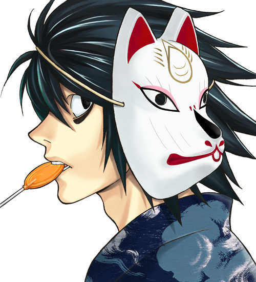 matsubara mio, matsubara mio (artist), l (death note), death note, bad id, bad pixiv id, 00s, 1boy, bags under eyes, black hair, fox mask, japanese clothes, male focus, mask, mouth hold, profile, short hair, solo