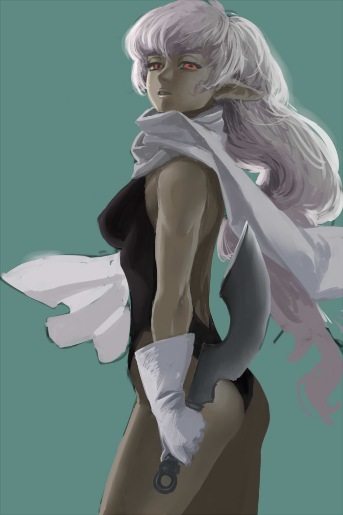 yuccoshi, original, 1girl, ass, dark-skinned female, dark skin, elf, female focus, gloves, knife, leotard, long hair, muscular, pointy ears, red eyes, reverse grip, scarf, solo, toned, toned female, white hair