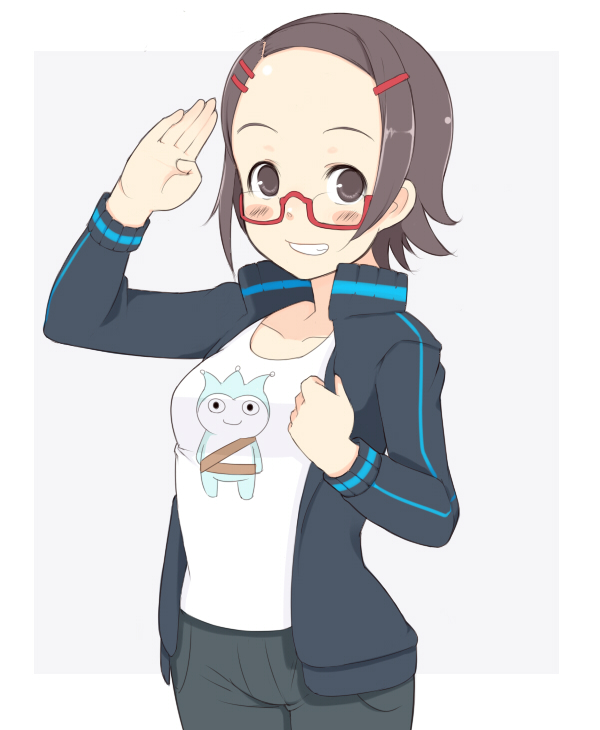 oza watto, maggey byrde, ace attorney, ace attorney investigations, capcom, k-on!, 00s, 1girl, blush, brown eyes, brown hair, female focus, forehead, glasses, hair ornament, hairclip, salute, short hair, simple background, solo