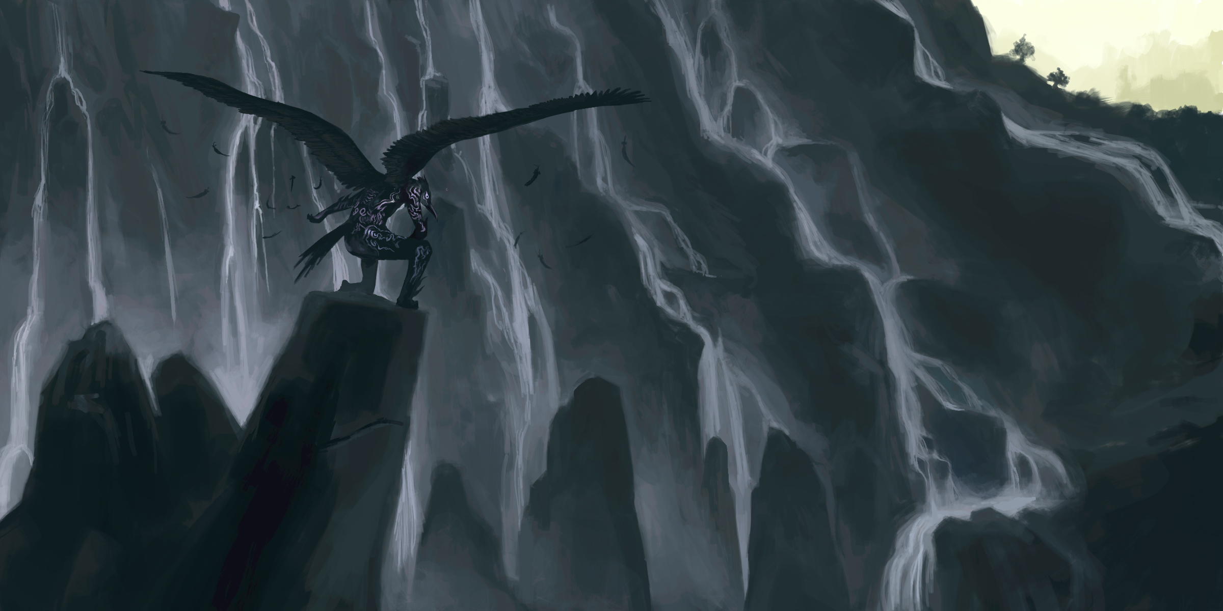 hiraoka masamune, original, highres, bird, feathers, mountain, scenery, solo, wings