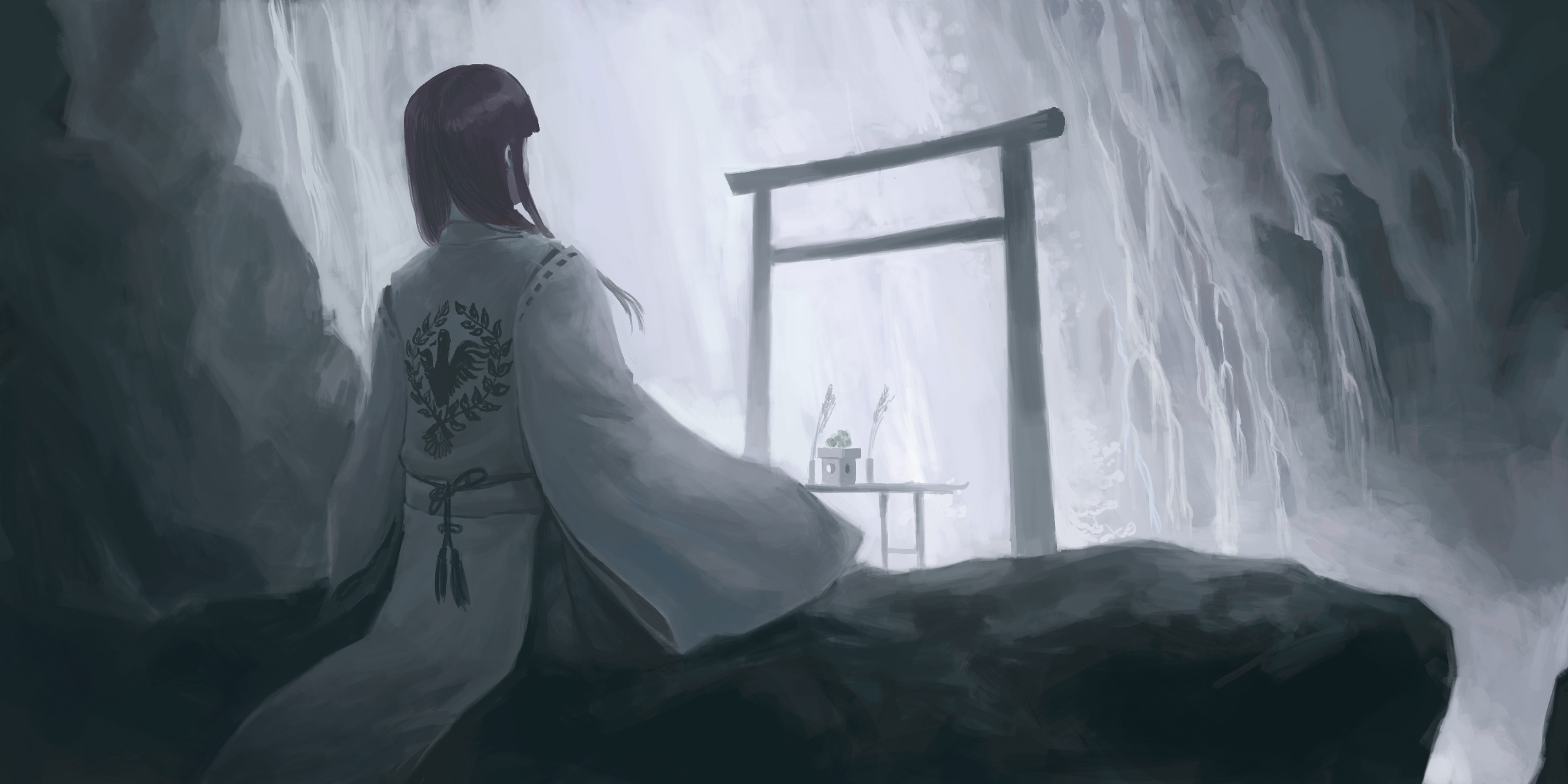 hiraoka masamune, original, highres, long image, wide image, japanese clothes, long hair, miko, mountain, purple hair, scenery, shrine, solo, torii, water, waterfall