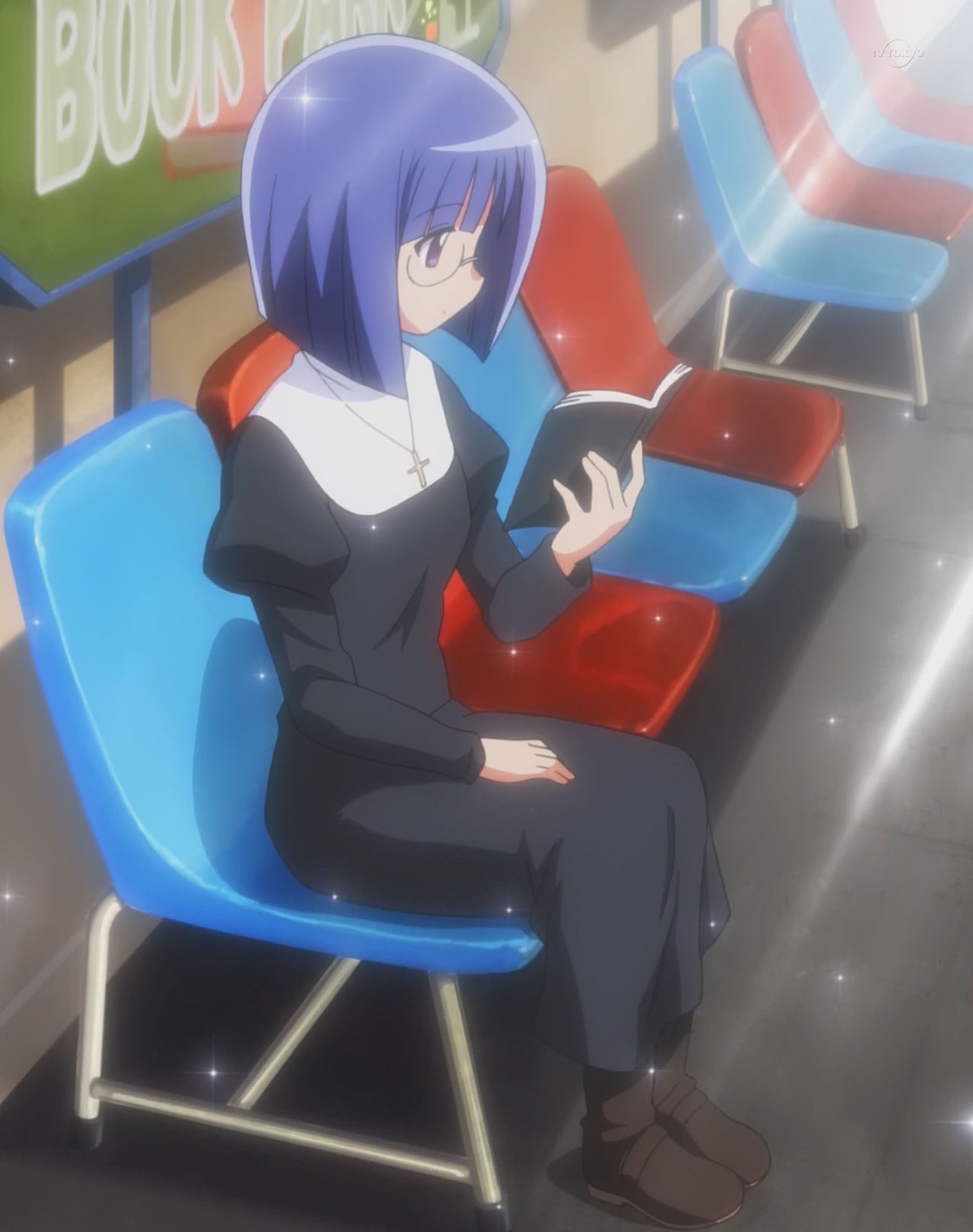 sonia shaflnarz, hayate no gotoku!, anime screenshot, highres, 00s, blue hair, cross, glasses, nun, reading, short hair, solo, traditional nun